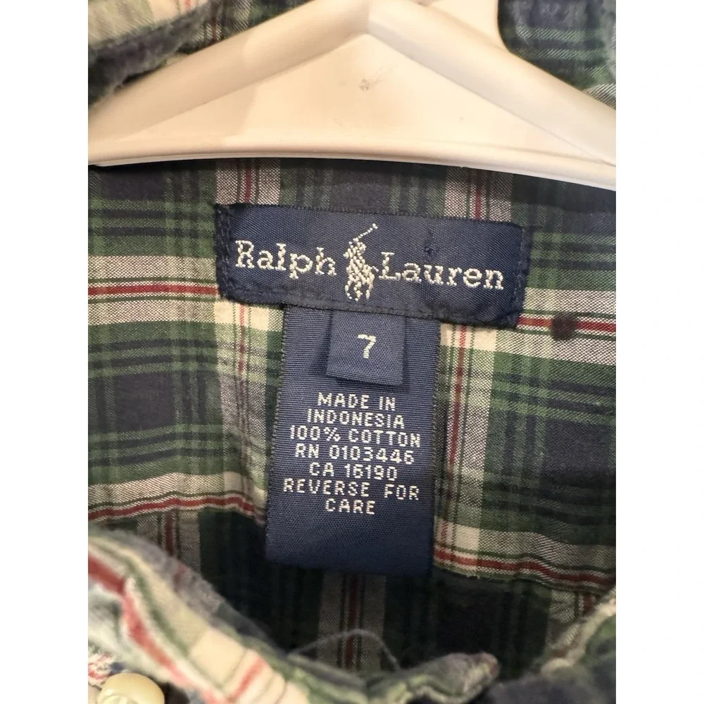 Ralph Lauren Boys Size 7 Short Sleeve Button Up Shirt Blue Green‎ Plaid